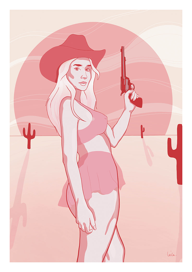 A poster depicting a digital drawing of a pink cowgirl in the desert.